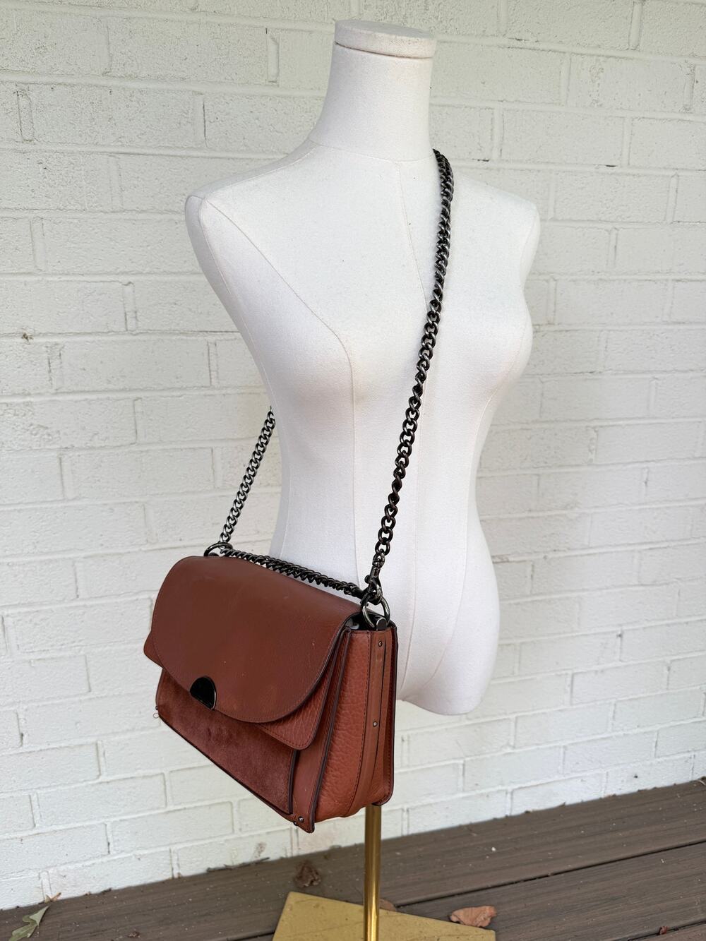 Coach Dreamer 73547 Saddle Leather Suede Chain Shoulder Crossbody Bag Gunmetal